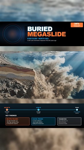 🌊 Scientists Discover Massive Prehistoric Disaster Hidden Beneath The North Sea 🌊 Researchers just mapped the Stad Slide, a submarine landslide that moved 4,300 cubic kilometers of sediment 400,000 years ago. That's enough material to bury Germany. It's 34% larger than the Storegga Slide, which generated 20-meter tsunami waves that devastated coastal communities. Six massive underwater cliffs mark where the seafloor collapsed, some towering 340 meters high. Rapid glacial sedimentation overload