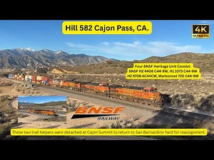 Four Heritage Unit Leaders: BNSF Port Stack Train at Hill 582, Cajon Pass, CA. (Dec 14, 2025)