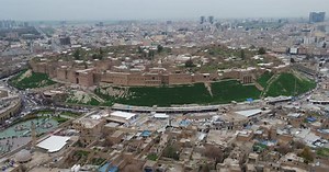 Drone Time lapse of Erbil Citadel in Erbil City, the capital of the Kurdistan Region, Iraq
