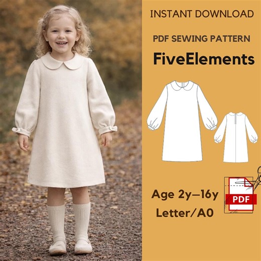 Girls Peter Pan Collar Dress Sewing Pattern | Long Sleeve A-line Dress PDF | Toddler & Kids Dress Pattern Age 2–16 | Instant Download - Etsy