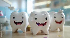 Three cute, smiling tooth models with faces in a dentist's office setting, representing dental care and oral hygiene.