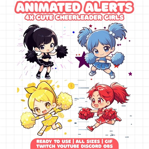 Animated Stream Alerts Pack — Cute Cheerleader Girls Gifs — Twitch, OBS, Youtube, Discord, Pngtuber - Etsy