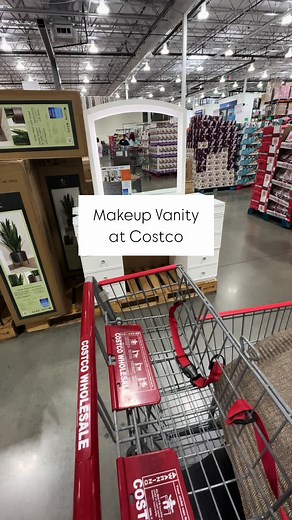 Makeup vanity at Costco with an LED lighted mirror with 3 brightness settings, usb ports, outlets inside the drawer, dedicated space for hot tools, and more! Check it out at Costco! #costco #costcofinds #motd #homedecor