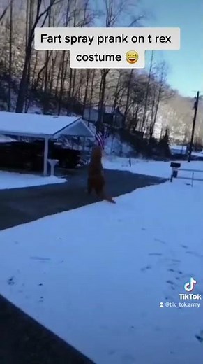 Fart spray prank on t rex costume 😂