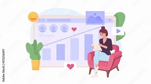 Animated social marketing analytics. Girl gathering data from social media account 2D cartoon flat character 4K video footage on white with alpha channel transparency. Concept animation for web design