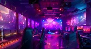 Modern internet cafe with computers for gaming tournaments. Concept Internet Cafe, Gaming Tournaments, Modern Design, Computer Stations, Tech Events