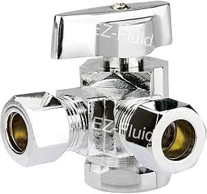 EZ-Fluid 1/2" FIP Female Iron Pipe Threaded X 3/8"Comp X 3/8"Comp Dual Outlets Heavy Duty Chrome Brass Angle Stop Valve 1/4 Turn Water Shut Off Ball Valve For Water Pipe,Kitchen,Bathroom (1)