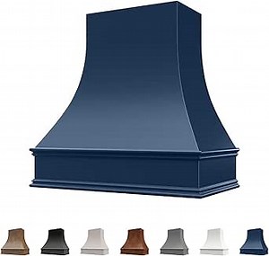 Riley & Higgs Navy Blue Wood Kitchen Range Hood Cover, Curved Front Wall Mount Vent Hood, Classic Trim, Plywood with Maple, 55.5” W x 36” H