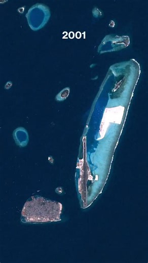 Hulhumalé is an artificial island in the Maldives, gradually formed by land reclamation since 1997. Now 2 square miles (4 sq. km) with a population near 100,000, the island was built to ease congestion on nearby Malé, which lies opposite Velana International Airport. With a population of 252,768 in an area of 3.2 square miles (8.3 sq. km), Malé is one of the most densely populated cities in the world. Created by @dailyoverview Source imagery: @vantor_tech | Daily Overview