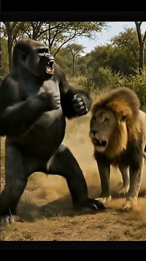 Gorilla and Lion Engage in an Intense Face-to-Face Fight#wildlife #viralvideo