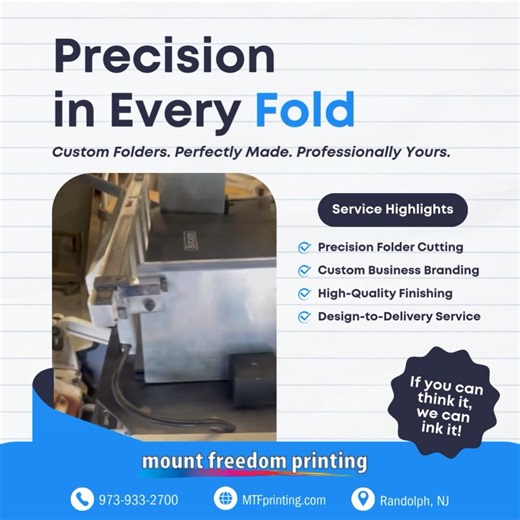 Precision and speed — that’s what we do best! This video shows our custom folders being perfectly cut, shaped, and finished to deliver the professional look your business deserves. Whether you need folders for presentations, client packets, or marketing materials, Mount Freedom Printing has you covered. Ready to elevate your brand’s image? Contact us today or visit MTFPrinting.com to get started. If you can think it, we can ink it! #CustomFolders #ProfessionalPrinting #MountFreedomPrinting #Thin