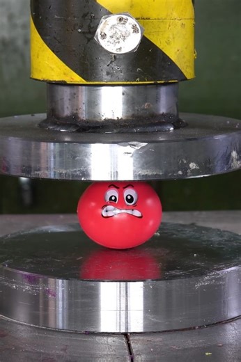 Crushing an angry emoji stress ball under a hydraulic press