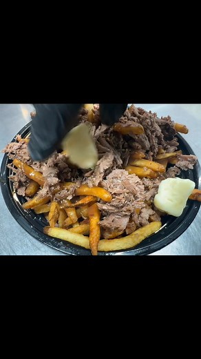 Poutine Mikey Fry- crispy hand cut fries, beef gravy, pulled beef, cheese curds and parsley | Hamburger Mikey