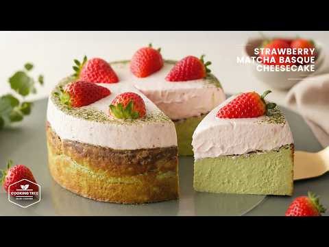 Matcha Basque Cheesecake with Strawberry Cream Recipe | Spring Dessert
