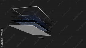Animation 3D shows how a solar panel is divided into its parts while rotating 360 degrees, the names of each part appea on dark gray background - Renewable Energy