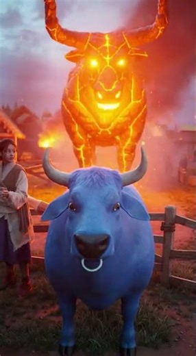 🔥 When a Fire Bull attacked the village… only a magical blue cow stood to protect her! 💧🐄