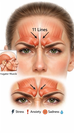 The “11 lines” (aka worry lines) are formed by the corrugator muscles between the eyebrows. These muscles are strongly linked to our emotions. Chronic stress, anxiety, & tension often show up here first. Our facial muscles and fascia are deeply connected to the brain and our emotions. Practice the FaceFitness exercises in this video to help soften the glabellar area, relax the nervous system and create an immediate sense of calm. | JustStretch Stott Pilates by Hilal Leigh