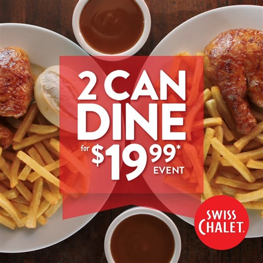 2 Can Dine is ON NOW! 🎉 Enjoy two of our iconic Quarter Chicken Dinners for ONLY $19.99*! 🎉 Staying in? No problem! We're also offering a 2 Can Dine Delivery Deal for $27.99** 📲 Don’t wait - grab a friend, and hurry in! This event ends February 8th! 🗓️ *Valid January 19th to February 8th, 2026. Taxes, upgrades of sides and beverages extra. White meat add $2.00 per entrée. 2 Can Dine for $19.99 event is valid for dine-in, takeout and pickup only. **2 Can Dine for $27.99 delivery deal is valid