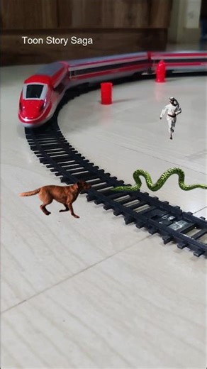 Dog is following Snake near train track
