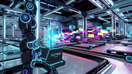 Colourful 4K isometric factory animation where robotic arms process data blocks conveyor AI learning visually explaining smart factory automation machine learning pipelines blockchain