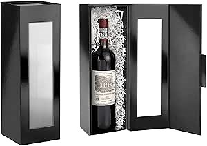 PACKQUEEN 2 Wine Gift Boxes with Window, 13.5x4.5x4 Inches Black Bottle Gift Boxes for Liquor and Champagne, Reusable Collapsible for Wedding Anniversary Festivals Party Present (Glossy Black)