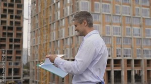 Supervisor employee engineer foreman writing notes electricity field wire lines 4K