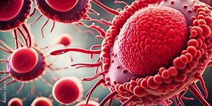 3D Macro of cell and blood platelet plasma and virus dividing bodies seen through a microscope