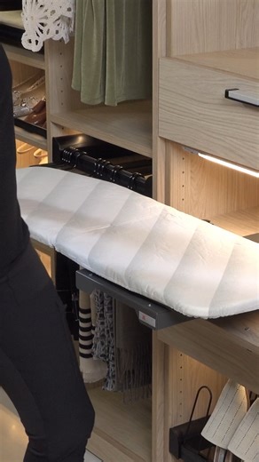 Symmetry Closets on Instagram: "The Häfele Shelf Mounted Pull-out Ironing Board is a must-have for your luxury closet! Effortlessly store and access your ironing board with this sleek, space-saving solution. Call our Design Team 📲 631-608-8999"