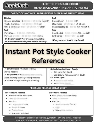 Electric Pressure Cooker Reference Card – Instant Pot–style Cooking Times and Quick Guide - Etsy