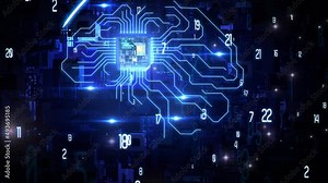 Futuristic Animation of Motherboard Processor Microchip Data Processing. Highlighted Processor among circuits and Electronic Components Neon lines making Brain. Data Transmission. Board Chip. AI.