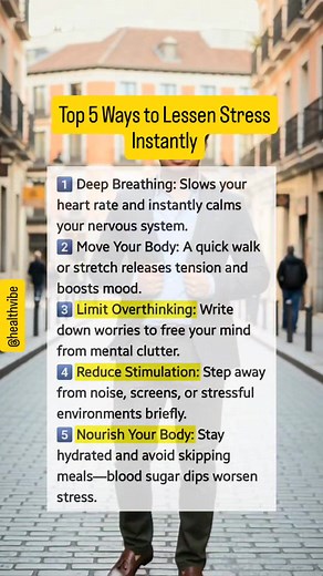 1.6K views | Top 5 Ways to Lessen Stress Instantly. Feeling overwhelmed? These simple, science-backed stress relievers can calm your mind, relax your body, and help you regain control fast. Perfect for busy days, anxious moments, or when life feels heavy. #StressReliefTips #MentalWellness #CalmYourMind #StressManagement #SelfCareDaily | HealthVibe Daily | Facebook