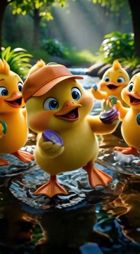 Duck flies hot air balloon dancing with his friends.