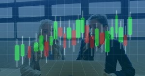 Analyzing financial data with candlestick chart overlay, business team collaborating. Finance, analysis, teamwork, collaboration, strategy, investment