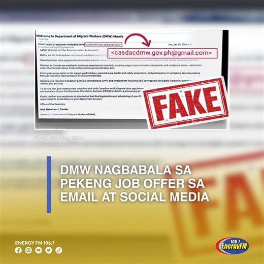 Nagbabala ang Department of Migrant Workers (DMW) sa publiko laban sa mga scammer na nagpapanggap umano bilang Migrant Workers Secretary na si Hans Leo Cacdac at nag-aalok ng pekeng trabaho sa ibang bansa. Ayon sa DMW, may kumakalat na email kung saan nagpapanggap ang scammer na si Cacdac at kunwari ay nagbibigay ng update sa isang aplikanteng nais magtrabaho abroad bilang overseas Filipino worker (OFW). Ibinahagi pa ng ahensya sa kanilang Facebook page ang screenshot ng naturang email bilang ba
