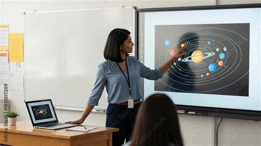 Teacher Explains Solar System Model to Students in Modern Classroom.