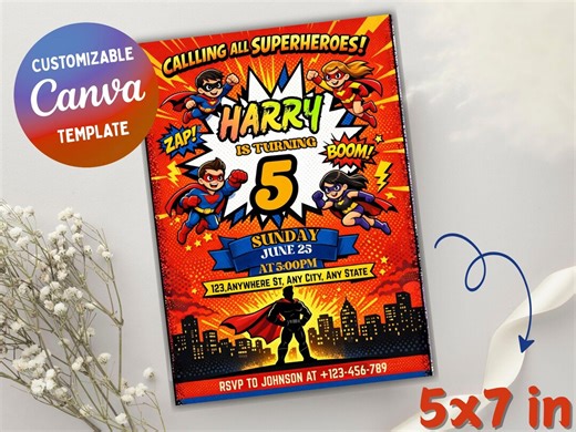 Superhero Party Invitation Kids Comic Book Hero Squad Birthday Invite Editable Canva Template - Etsy