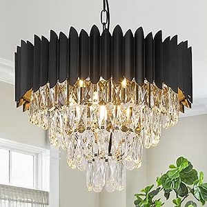 Modern Crystal Chandeliers Black 20" Round Chandeliers for Dining Room 9 Lights Ceiling Pendant Light Fixtures 4 Tiers Contemporary for Living Room Bedroom Foyer