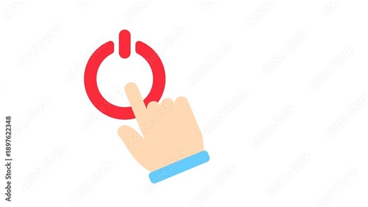 Power Button, On-Off with Hand Flat Animation Cartoon Icon. 4K Video Transparent Alpha Channel. Editable Animated Icon Transparent Background.