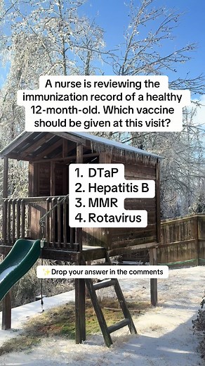 The correct answer is option 3 (MMR) ✅ This is routinely given at 12–15 months. The rotavirus series must be completed by 8 months, DTaP doses are given earlier with the next dose due at 15–18 months, and hepatitis B is typically given at birth, 1–2 months, and 6–18 months, so it is not routinely due at the 12-month visit. Let us know how you did in the comments! #nclexrn #nclexprep #nursingstudents #futurenurse #futurenursesoftiktok