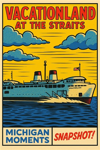 The state ferry Vacationland at Mackinaw City, circa early 1950s. Built at River Rouge and launched in 1951, it carried about 150 cars and broke ice for year-round crossings. Service ended in 1957 with the Mackinac Bridge. | Thumbwind