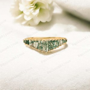 Baguette Moss Agate Wedding Band, Unique Yellow Gold Green Moss Agate Wedding Band, Half Eternity Matching Promise Anniversary Ring for Her - Etsy