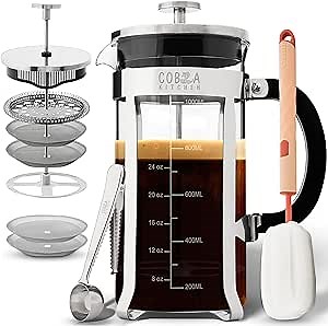 French Press Coffee Maker with Large Glass Carafe - Brews 4 Cups Fresh Coffee or Tea without Grounds