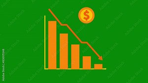 Orange animated financial decline trend line chart, Economic crisis, recession, inflation, decrease graph. Bar chart. Profit down. Isolated vector illustration on green screen background. Chroma key