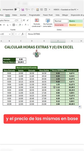 Calcular horas extras y su precio en excel #Excel #office #tutorial | El Pollo Excel-ero