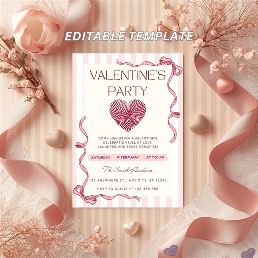 Valentine’s Day Party Invitation Template: Romantic Heart & Ribbon Design, Valentine Invite Card Elegant Love Heart Design Digital Download - Etsy