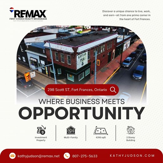 💼 Live, Work, and Earn—all at 298 Scott Street! This prime mixed-use property at the corner of Scott Street and Portage Ave in Fort Frances offers endless potential for income and flexibility. With three suites ideal for rental income and one that can serve as your own onsite living space, it’s the perfect setup for a family-run business or an owner looking to balance lifestyle and investment. The excellent visibility and commercial zoning make it suitable for retail, office, or restaurant use—