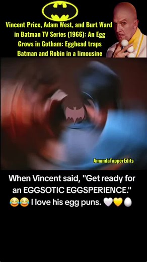 Vincent Price, Adam West, and Burt Ward in Batman TV Series (1966): An Egg Grows In Gotham: Egghead traps Batman and Robin a limousine 😂😂🤍💛🥚 #vincentprice🧛🏾‍♂️ #adamwestbatman #burtwardrobin #eggheadbatman #batman1966tvshow