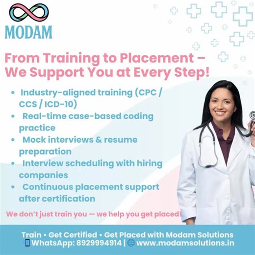 💼 How Modam Solutions Helps You Get Placed in Medical Coding! Getting trained is important — but getting placed is the real goal 👇 At Modam Solutions, we support you at every step of your career journey: ✔️ Industry-aligned CPC / CCS / ICD-10 training ✔️ Real-time case-based coding practice ✔️ Resume building & mock interviews ✔️ Interview scheduling with hiring companies ✔️ Continuous placement support even after certification ✨ We don’t just teach medical coding — we help you build a career!
