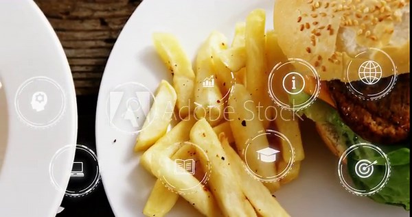 UI icons fading and floating across plates, glitch slicing, burger shifting left, showing menu data