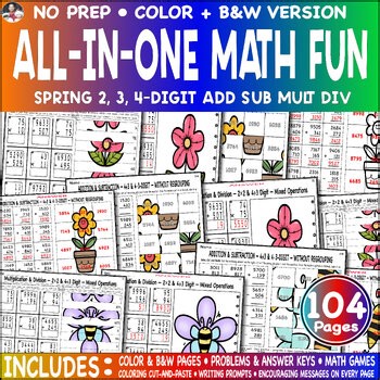 April Spring Break Math 2, 3, 4-Digit Add Sub Mult Div Mystery Cut Paste Game